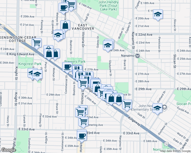 map of restaurants, bars, coffee shops, grocery stores, and more near 4375 Sidney Street in Vancouver