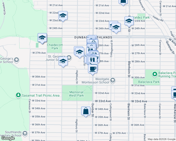 map of restaurants, bars, coffee shops, grocery stores, and more near 3634 West 29th Avenue in Vancouver