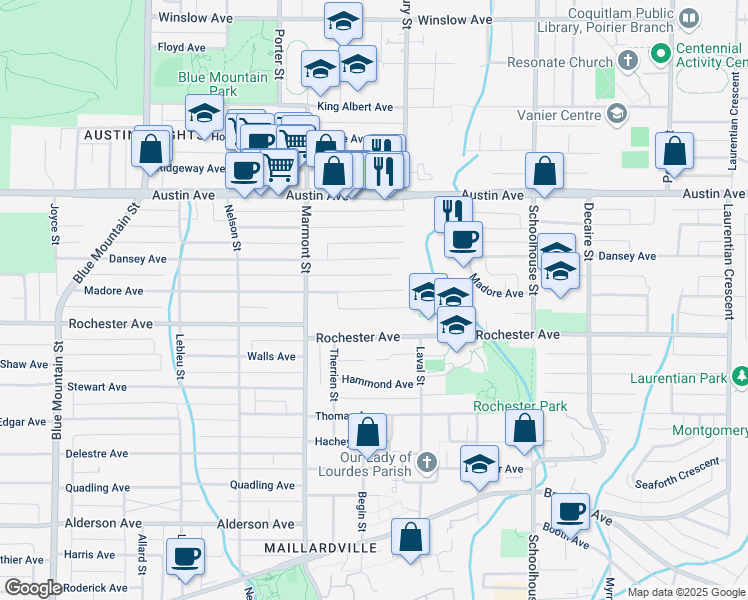 map of restaurants, bars, coffee shops, grocery stores, and more near 1149 Madore Avenue in Coquitlam