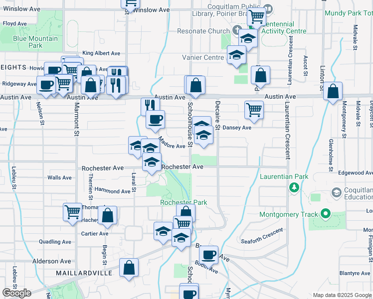 map of restaurants, bars, coffee shops, grocery stores, and more near 406 Schoolhouse Street in Coquitlam