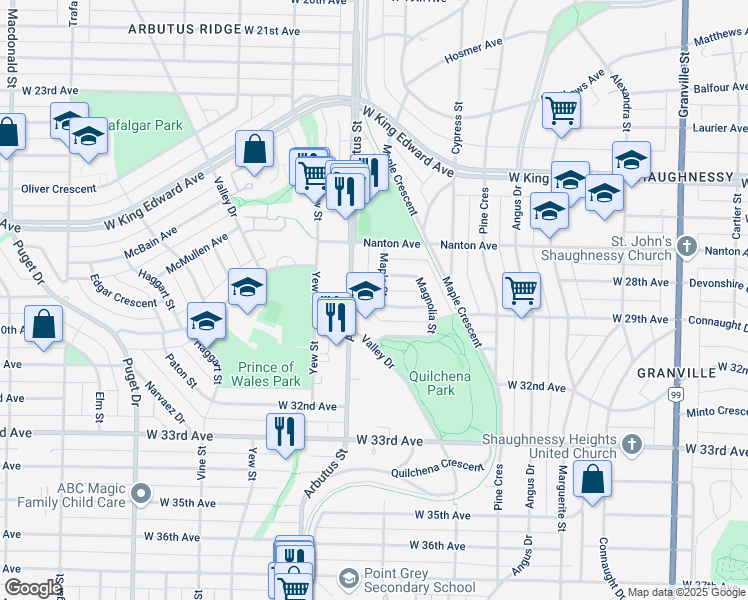 map of restaurants, bars, coffee shops, grocery stores, and more near 4475 Maple Street in Vancouver