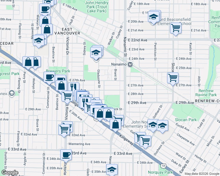 map of restaurants, bars, coffee shops, grocery stores, and more near in Vancouver