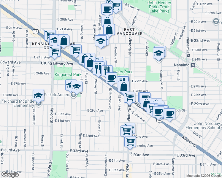 map of restaurants, bars, coffee shops, grocery stores, and more near 1843 Kingsway in Vancouver