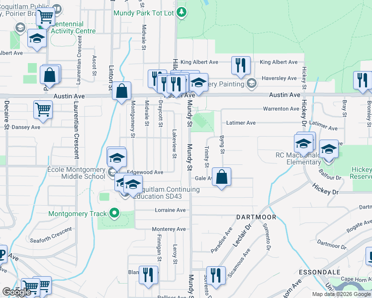 map of restaurants, bars, coffee shops, grocery stores, and more near 430 Mundy Street in Coquitlam