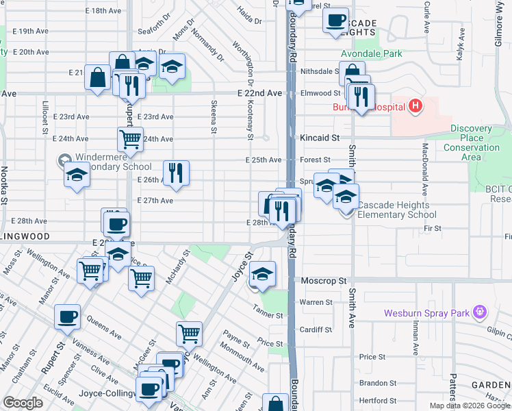 map of restaurants, bars, coffee shops, grocery stores, and more near 3606 East 27th Avenue in Vancouver