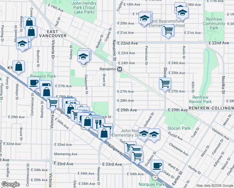 map of restaurants, bars, coffee shops, grocery stores, and more near 4320 Nanaimo Street in Vancouver