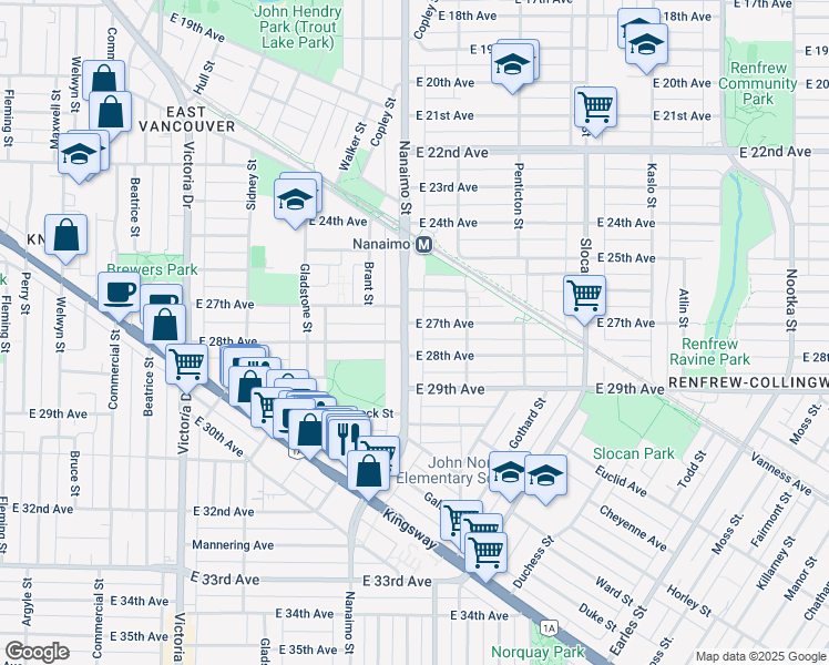 map of restaurants, bars, coffee shops, grocery stores, and more near 4320 Nanaimo Street in Vancouver