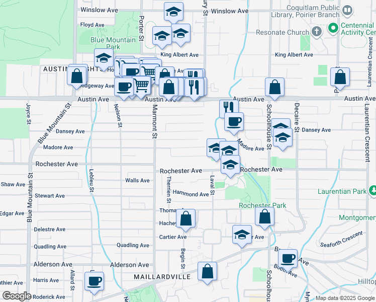 map of restaurants, bars, coffee shops, grocery stores, and more near 1146 Madore Avenue in Coquitlam