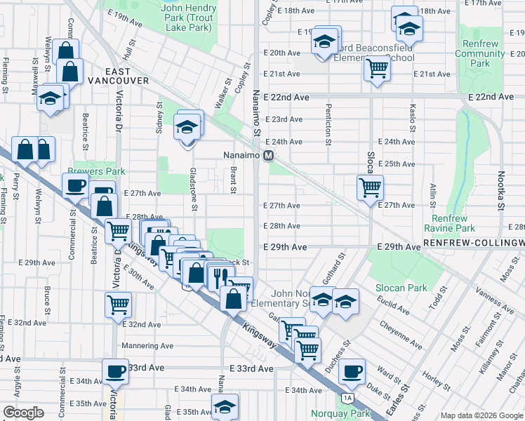 map of restaurants, bars, coffee shops, grocery stores, and more near in Vancouver