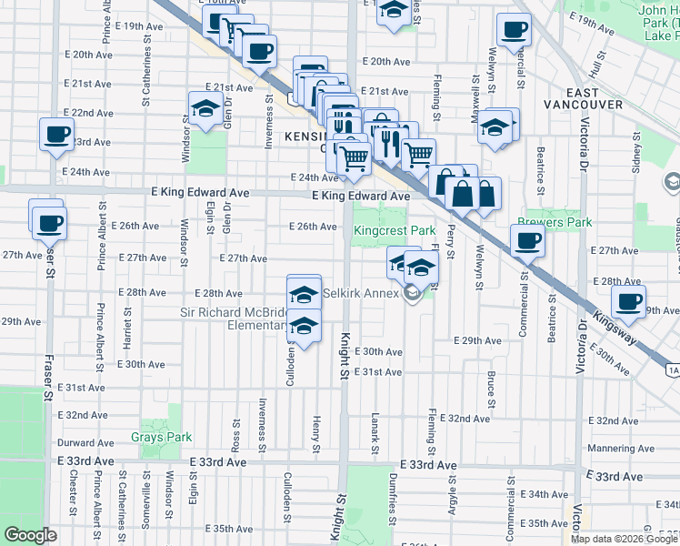 map of restaurants, bars, coffee shops, grocery stores, and more near 4331 Knight Street in Vancouver