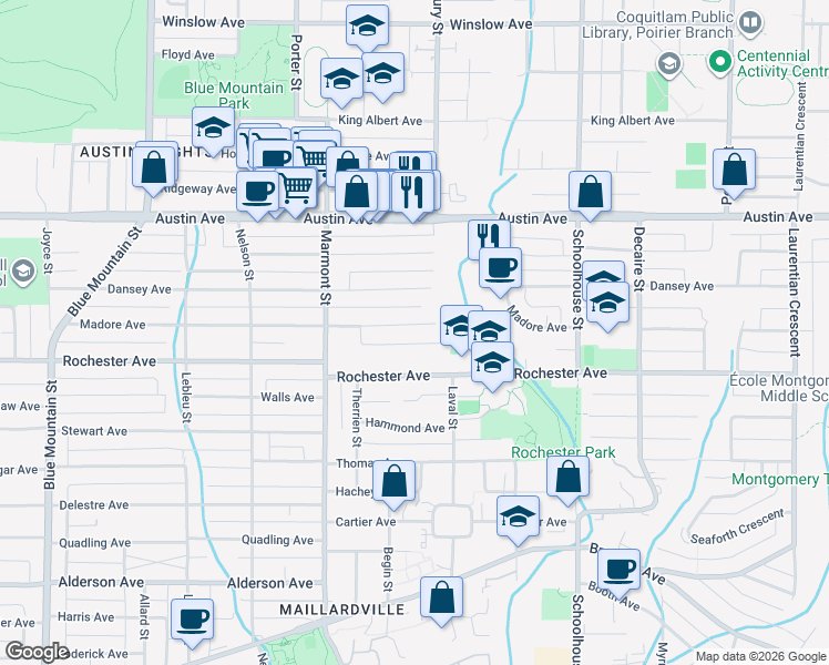 map of restaurants, bars, coffee shops, grocery stores, and more near 1154 Madore Avenue in Coquitlam