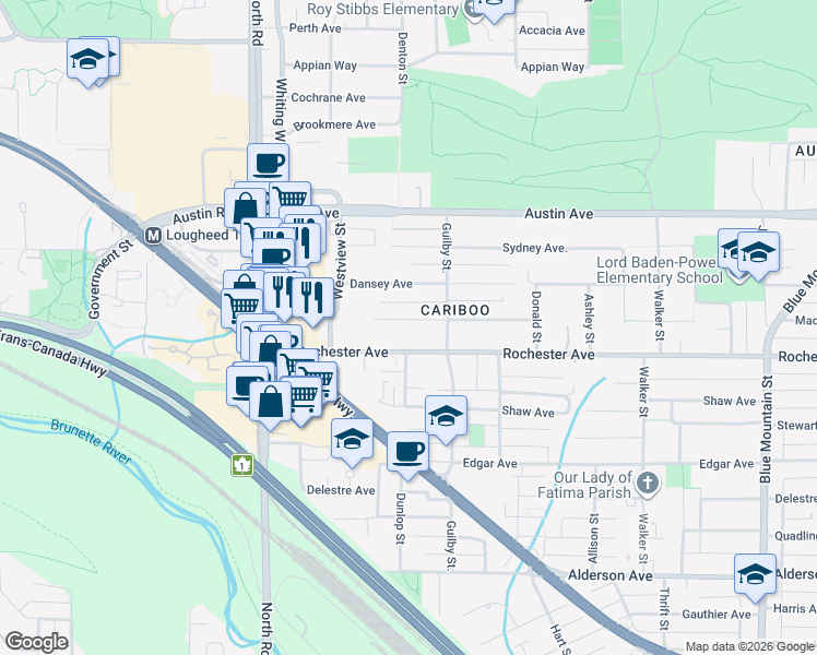 map of restaurants, bars, coffee shops, grocery stores, and more near 572 Madore Avenue in Coquitlam