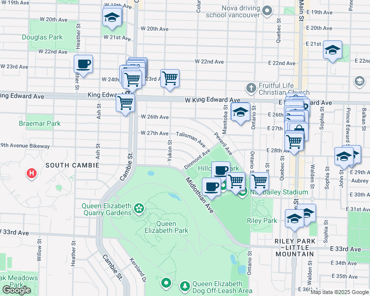map of restaurants, bars, coffee shops, grocery stores, and more near 291 Nigel Avenue in Vancouver