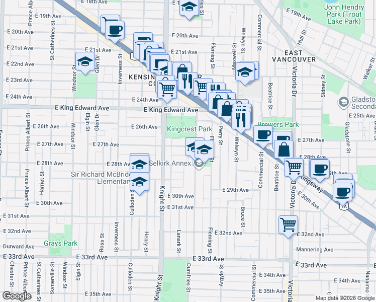 map of restaurants, bars, coffee shops, grocery stores, and more near 1478 East 27th Avenue in Vancouver