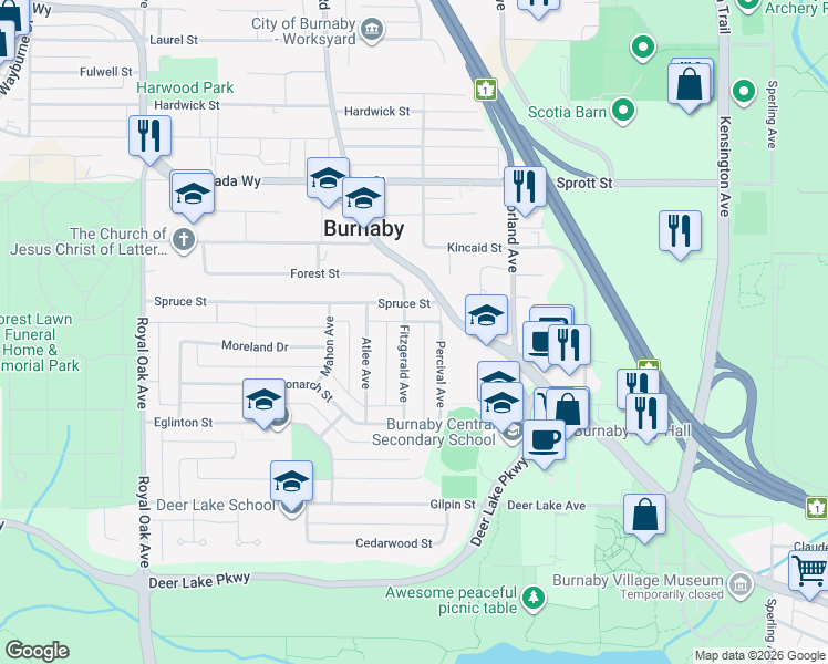 map of restaurants, bars, coffee shops, grocery stores, and more near 4264 Fitzgerald Avenue in Burnaby