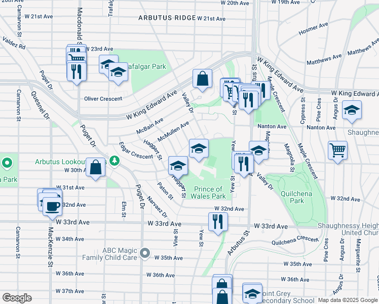 map of restaurants, bars, coffee shops, grocery stores, and more near 2263 Eddington Drive in Vancouver