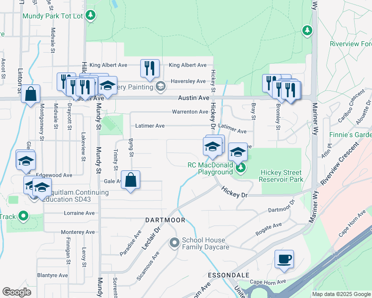 map of restaurants, bars, coffee shops, grocery stores, and more near 2419 Oranda Avenue in Coquitlam