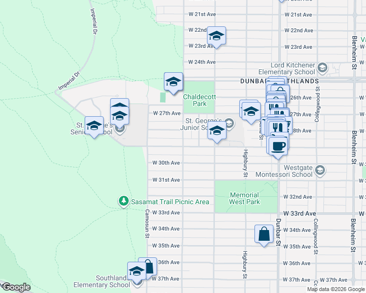 map of restaurants, bars, coffee shops, grocery stores, and more near 4000 West 29th Avenue in Vancouver