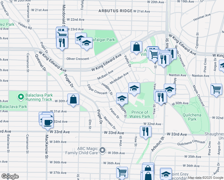 map of restaurants, bars, coffee shops, grocery stores, and more near 4478 Haggart Street in Vancouver