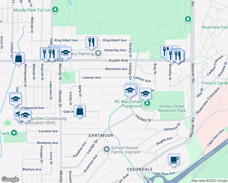 map of restaurants, bars, coffee shops, grocery stores, and more near 2419 Oranda Avenue in Coquitlam