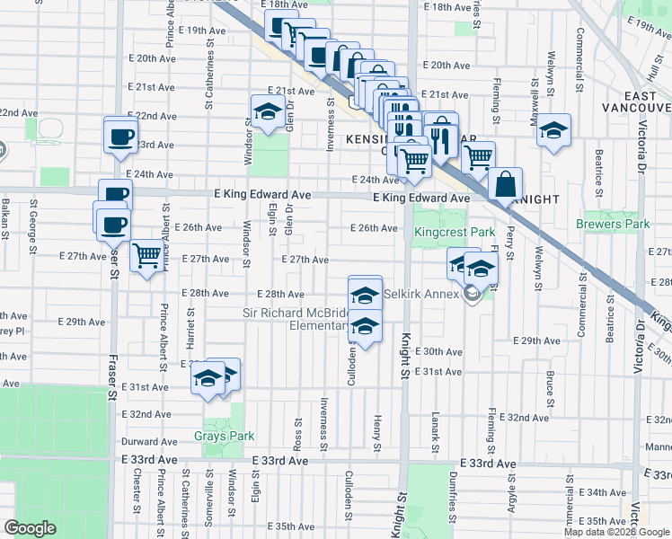 map of restaurants, bars, coffee shops, grocery stores, and more near 1210 East 27th Avenue in Vancouver
