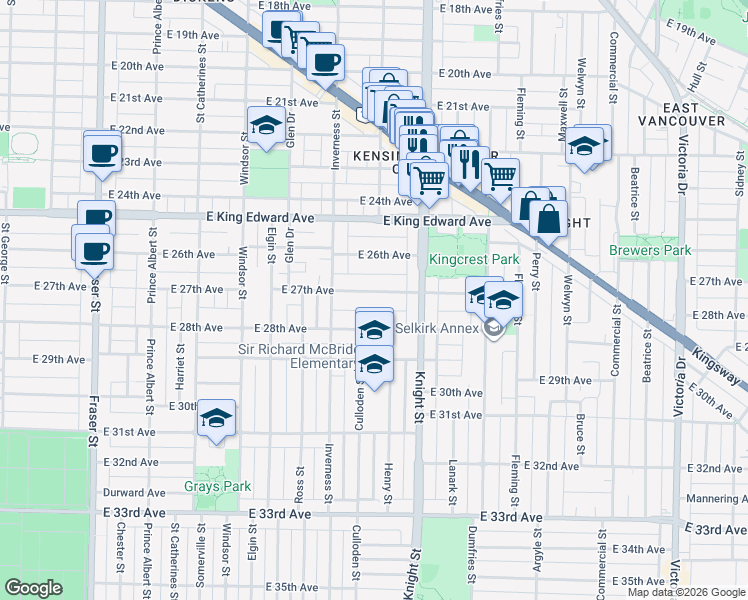 map of restaurants, bars, coffee shops, grocery stores, and more near 1296 East 27th Avenue in Vancouver