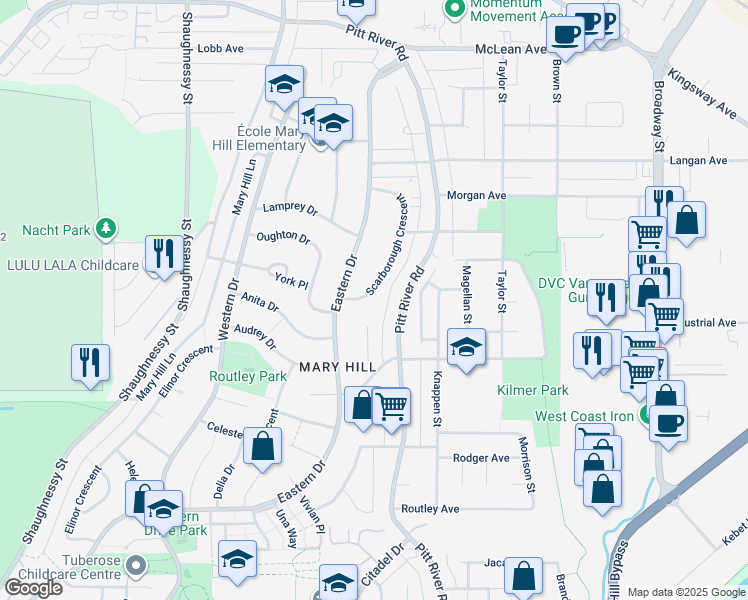 map of restaurants, bars, coffee shops, grocery stores, and more near 1651 Scarborough Crescent in Port Coquitlam