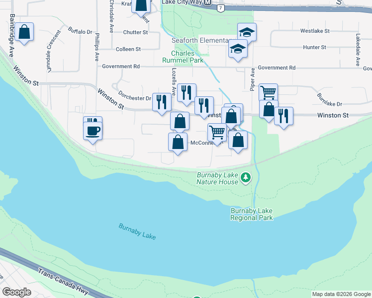 map of restaurants, bars, coffee shops, grocery stores, and more near 4238 Lozells Avenue in Burnaby