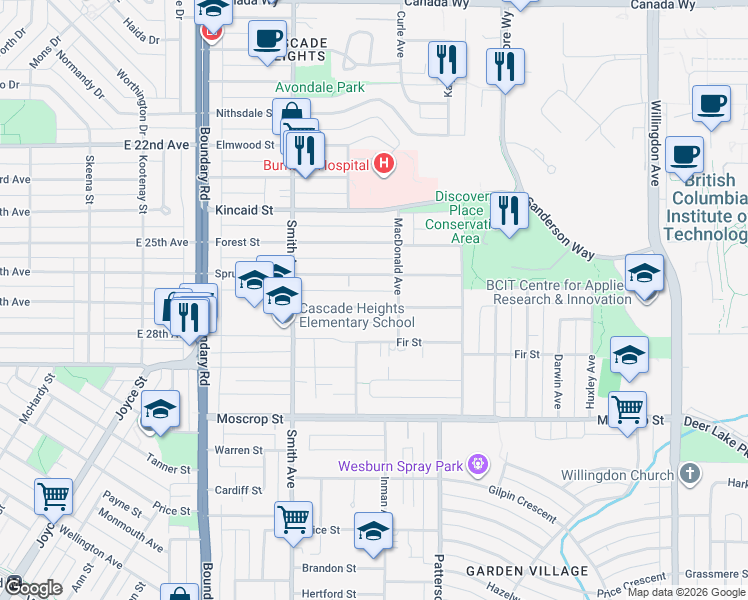 map of restaurants, bars, coffee shops, grocery stores, and more near 3953 Pine Street in Burnaby