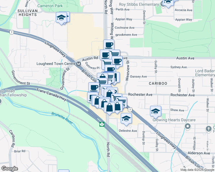 map of restaurants, bars, coffee shops, grocery stores, and more near 405 N Rd in Burnaby