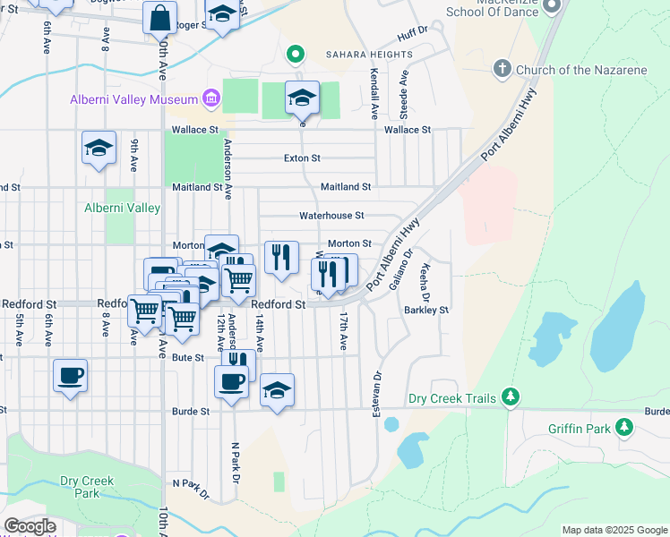 map of restaurants, bars, coffee shops, grocery stores, and more near 3859 Wood Avenue in Port Alberni