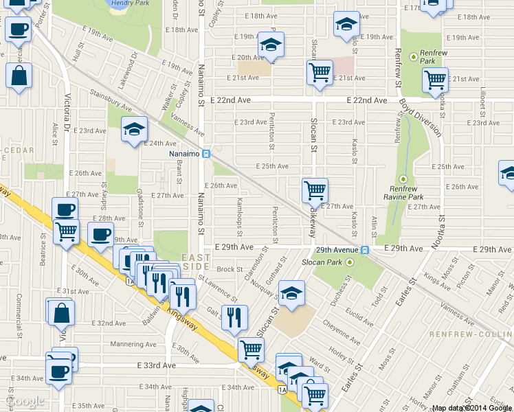 map of restaurants, bars, coffee shops, grocery stores, and more near 2537 E 27th Ave in Vancouver