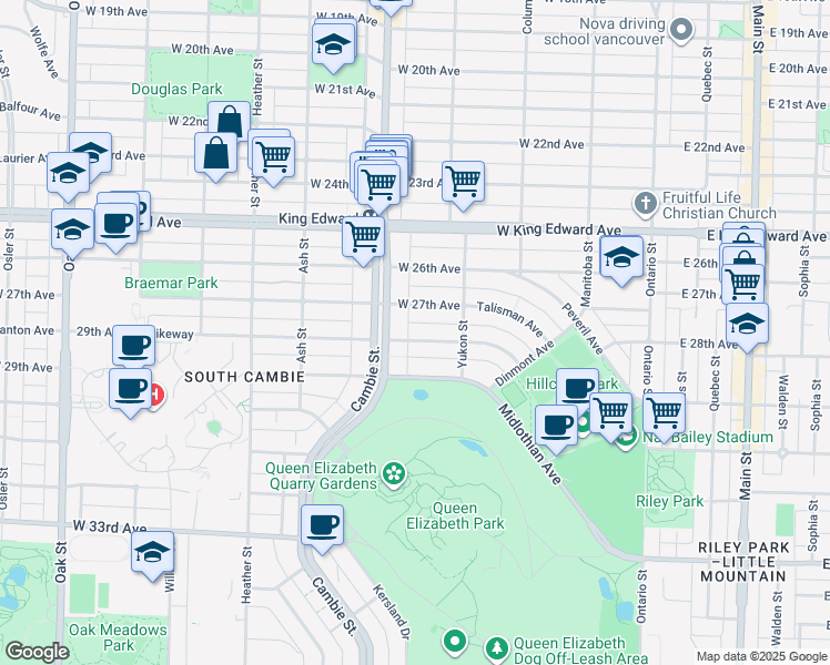 map of restaurants, bars, coffee shops, grocery stores, and more near 471 West 28th Avenue in Vancouver