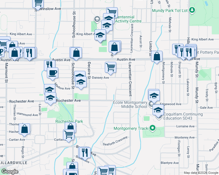 map of restaurants, bars, coffee shops, grocery stores, and more near 423 Winona Street in Coquitlam