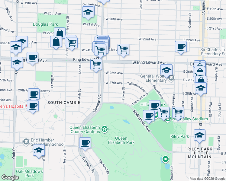 map of restaurants, bars, coffee shops, grocery stores, and more near 473 West 28th Avenue in Vancouver