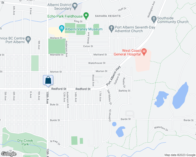 map of restaurants, bars, coffee shops, grocery stores, and more near 3859 Wood Avenue in Port Alberni
