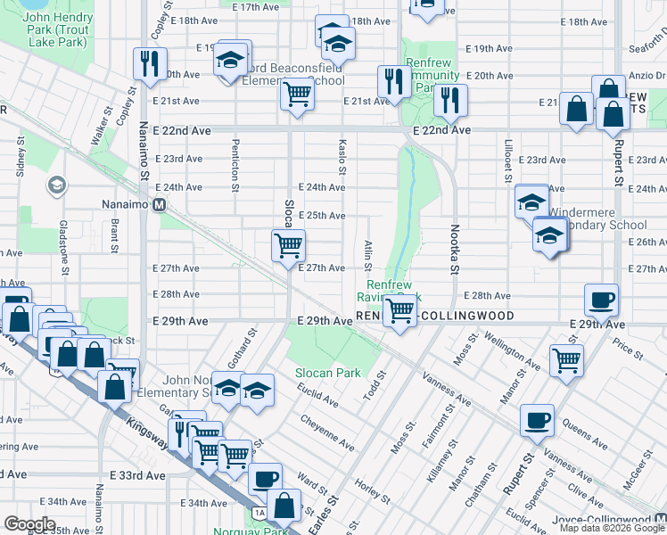 map of restaurants, bars, coffee shops, grocery stores, and more near 2783 East 27th Avenue in Vancouver