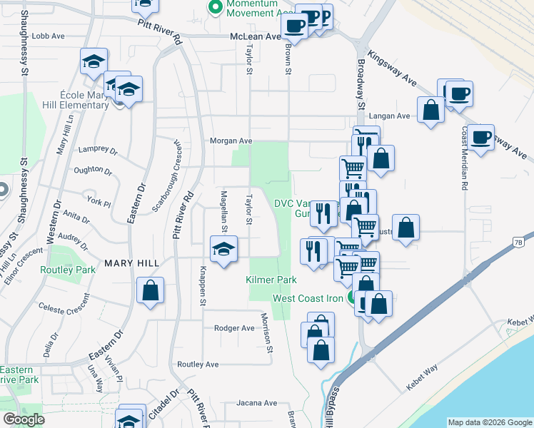 map of restaurants, bars, coffee shops, grocery stores, and more near 1668 Connaught Drive in Port Coquitlam