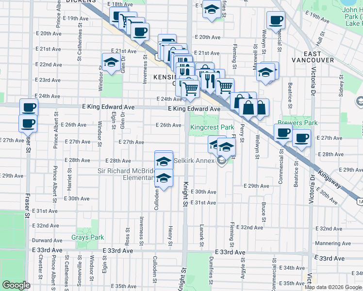 map of restaurants, bars, coffee shops, grocery stores, and more near 1382 East 27th Avenue in Vancouver
