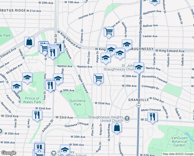 map of restaurants, bars, coffee shops, grocery stores, and more near 4429 Angus Drive in Vancouver