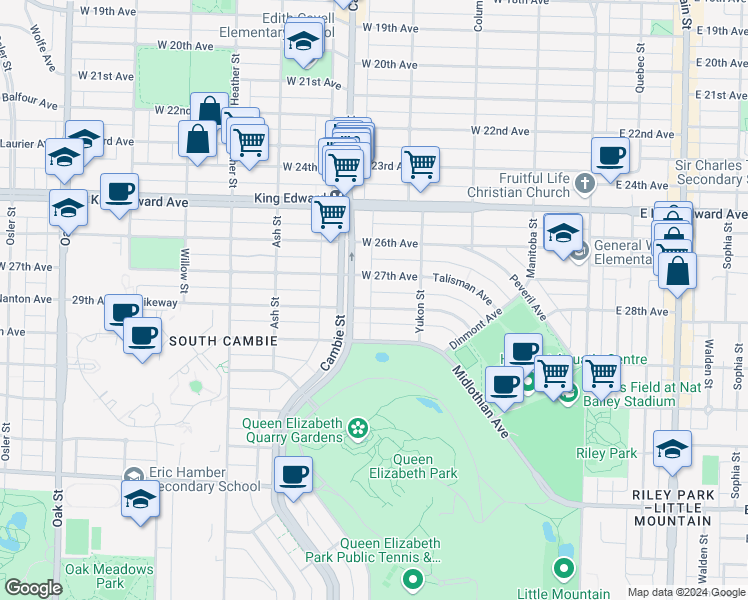 map of restaurants, bars, coffee shops, grocery stores, and more near 475 West 28th Avenue in Vancouver