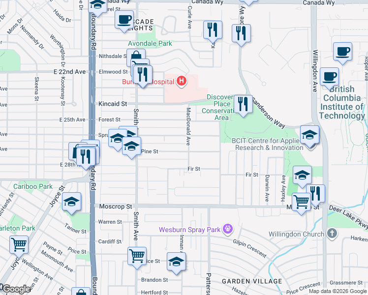 map of restaurants, bars, coffee shops, grocery stores, and more near 3997 Pine Street in Burnaby