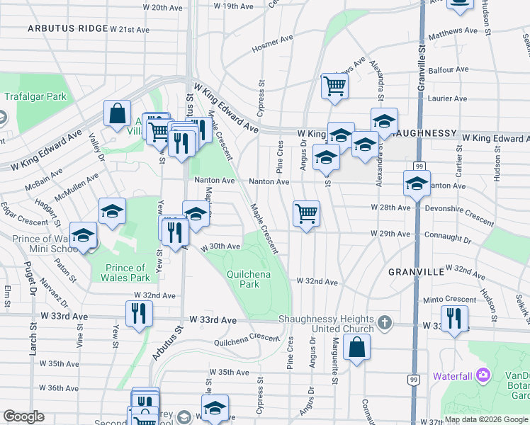 map of restaurants, bars, coffee shops, grocery stores, and more near in Vancouver