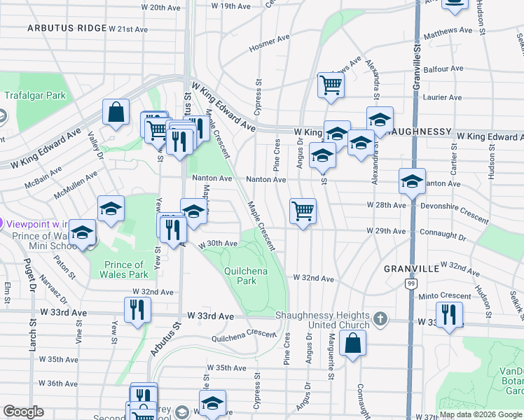 map of restaurants, bars, coffee shops, grocery stores, and more near 4430 Cypress Street in Vancouver