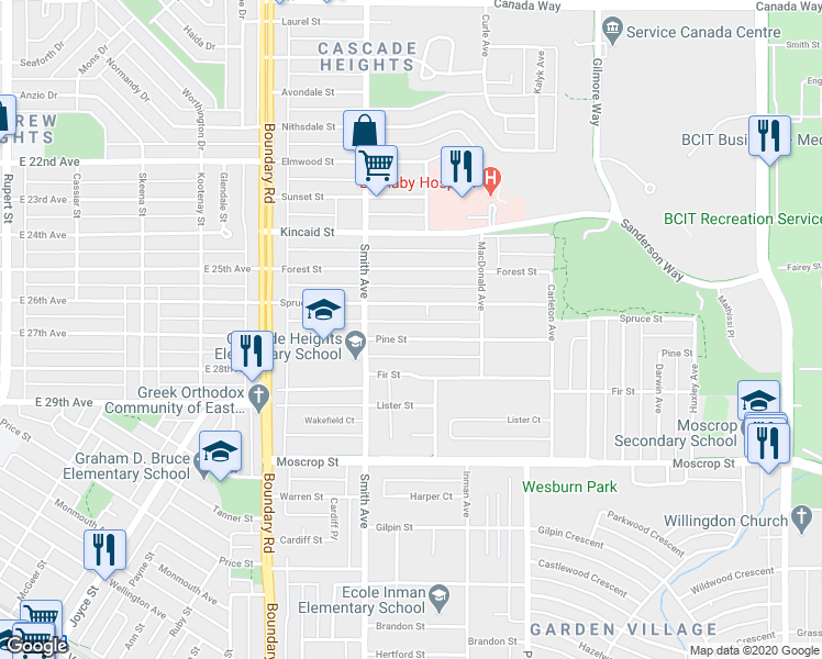map of restaurants, bars, coffee shops, grocery stores, and more near 3878 Pine Street in Burnaby