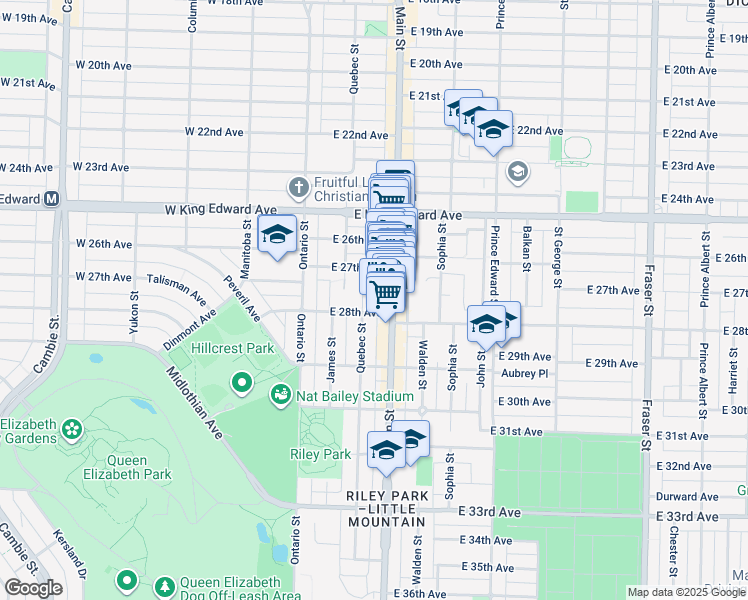map of restaurants, bars, coffee shops, grocery stores, and more near 175 East 28th Avenue in Vancouver