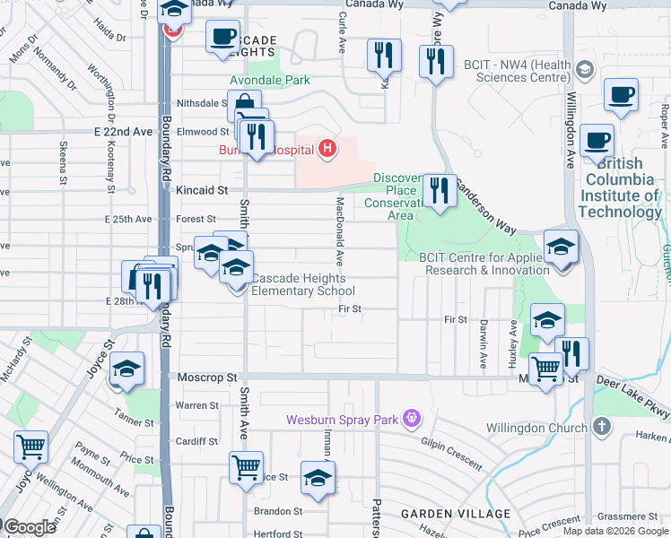 map of restaurants, bars, coffee shops, grocery stores, and more near 4265 Macdonald Avenue in Burnaby