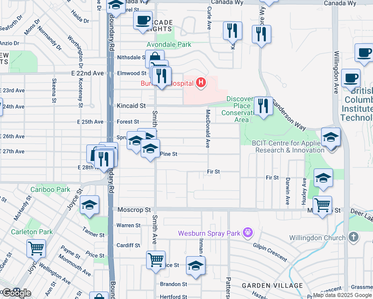 map of restaurants, bars, coffee shops, grocery stores, and more near 3919 Pine Street in Burnaby