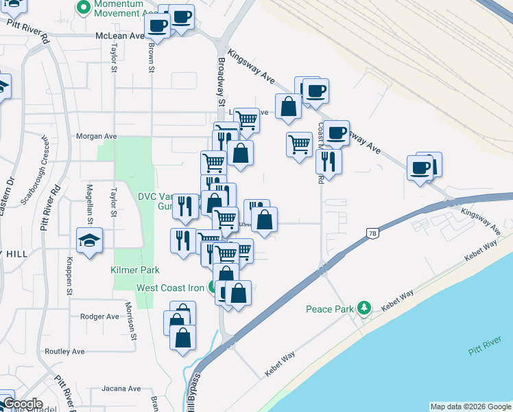 map of restaurants, bars, coffee shops, grocery stores, and more near 1650 Broadway Street in Port Coquitlam