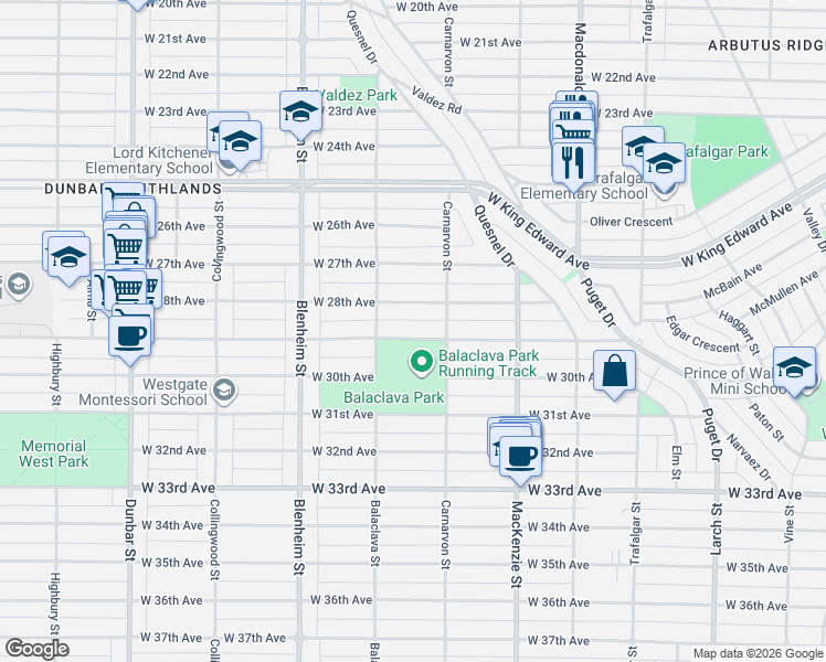 map of restaurants, bars, coffee shops, grocery stores, and more near in Vancouver